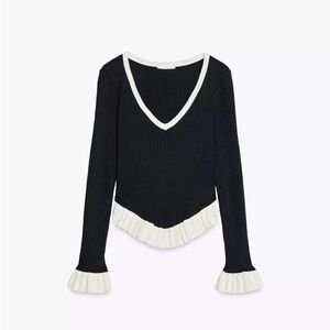 Zara V-Neck Black Sweater with Cream Ruffle Trim
